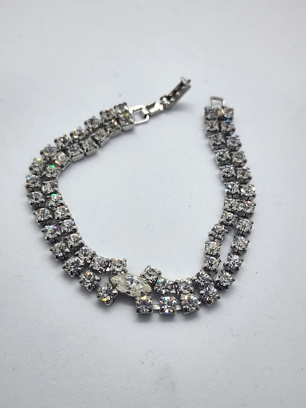 Vintage Signed Kramer Clear Rhinestone Double Row Bracelet - 1950s Marquise